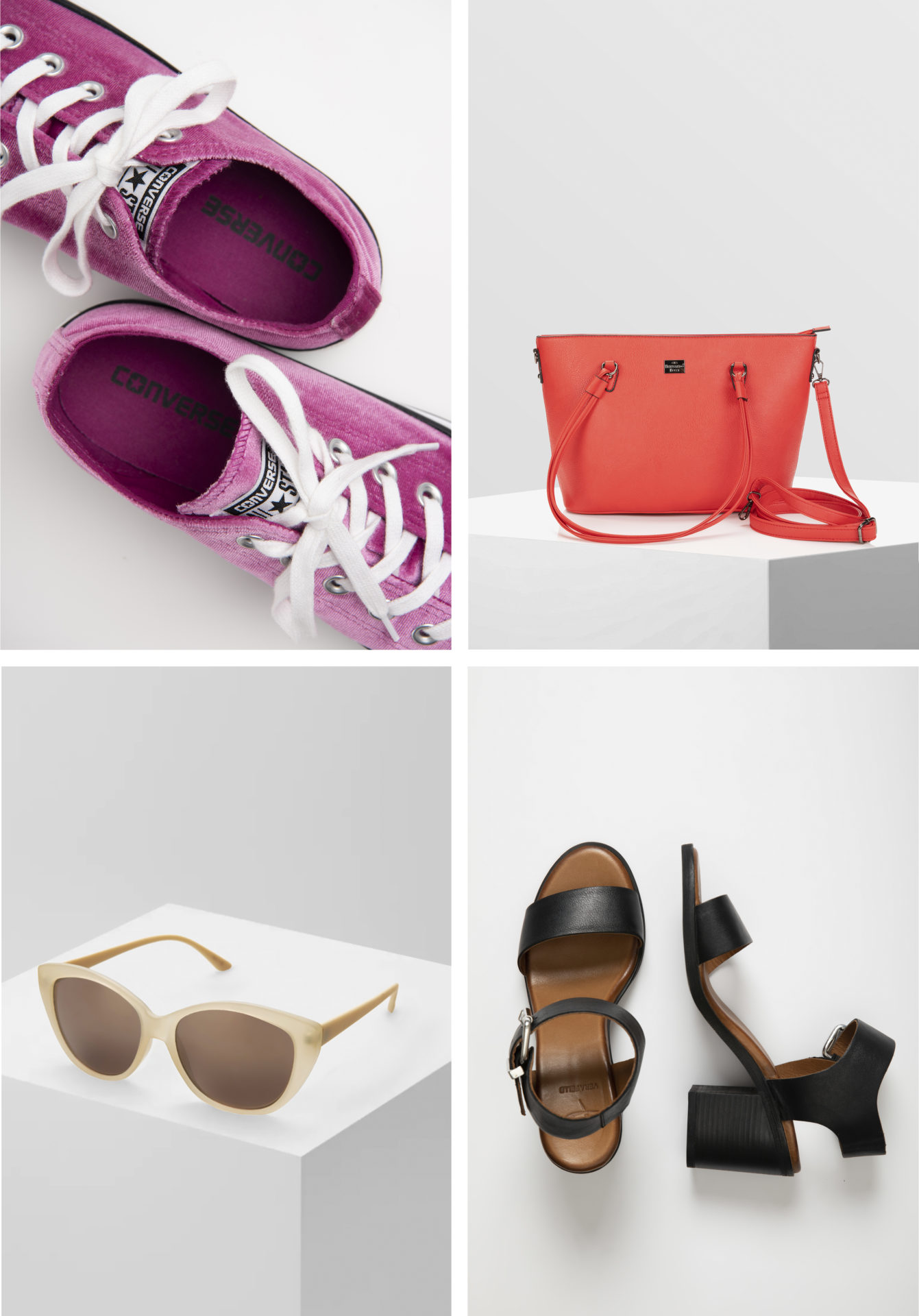 A collage of four fashion accessories displayed on white pedestals, featuring pink Converse sneakers, a coral handbag, beige cat-eye sunglasses, and black heeled sandals.