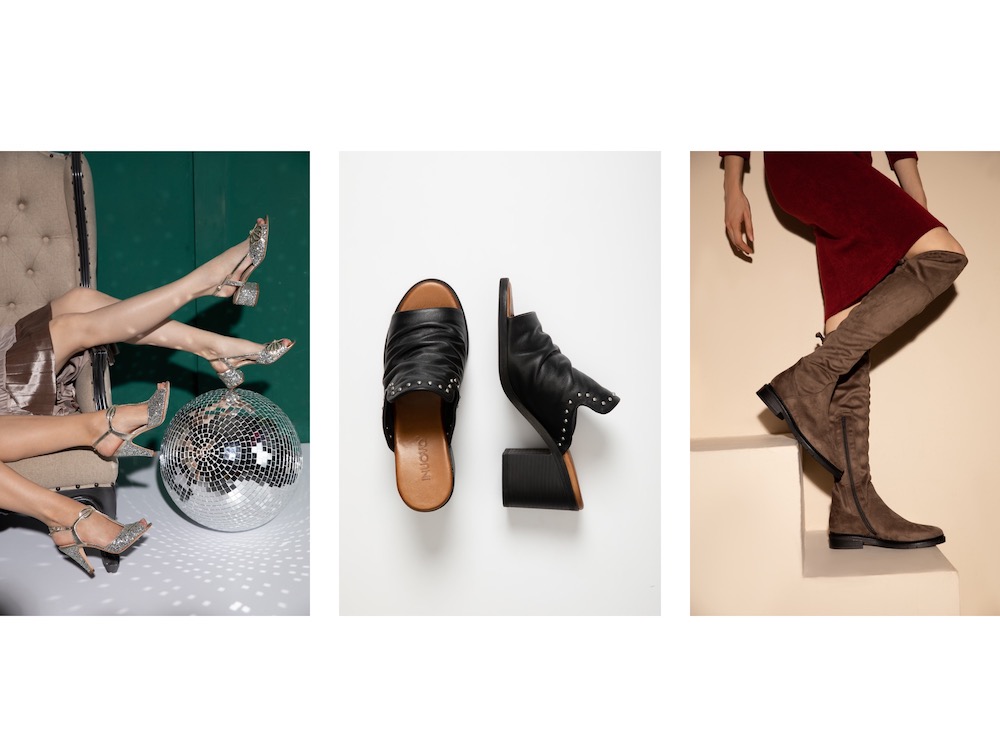 Collage of photos showing different types of footwear photography